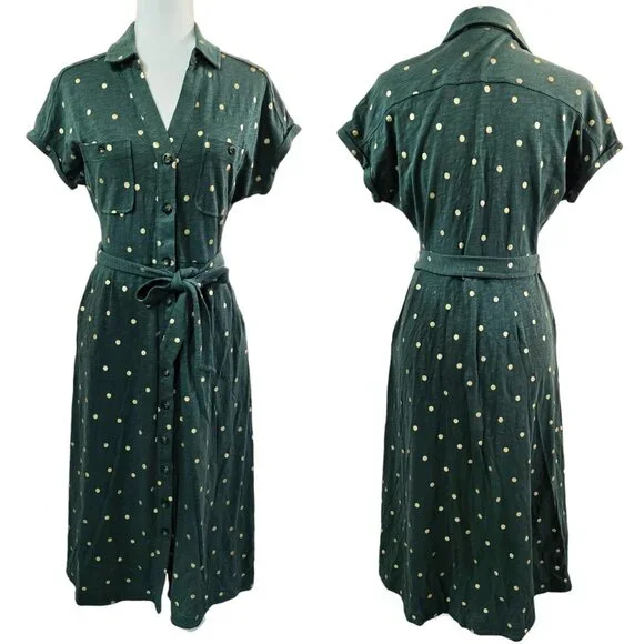 Boden | Dresses | Boden Thomasina 0 Cotton Green Gold Polka Dot Jersey Midi Shirt  Dress Party | Poshmark